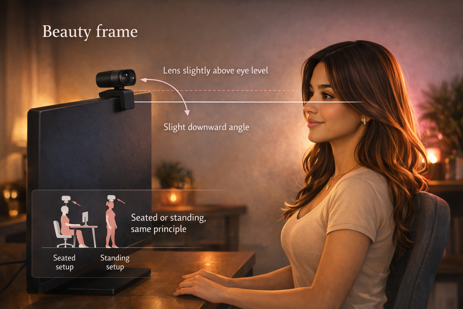 Diagram: beauty framing slightly above eye level versus eye level when seated
