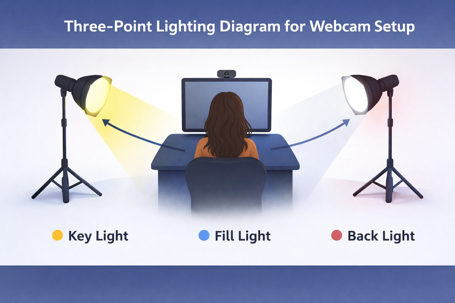 Three-point lighting diagram for webcam setup: key, fill, and back light positions